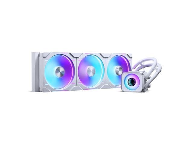 Phanteks Glacier One D30 X2 420mm CPU cooler in white, featuring three RGB fans with a gradient glow and a sleek, compact pump design.