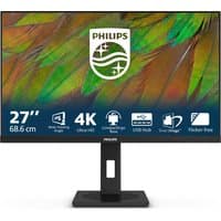 Philips 27-inch 4K monitor with slim black bezel, rectangular stand, and vibrant display showing colorful feather pattern.