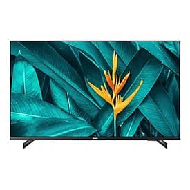 Philips 43HFL5214U/12 4K Ultra HD Smart TV features a sleek black frame, a vibrant display showcasing tropical leaves and a yellow flower, with a 43-inch screen size.