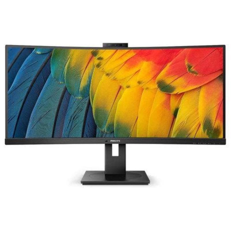 34-inch Philips 5000 Series UltraWide curved monitor with a sleek black frame, vibrant colorful display of feathers, and USB-C connectivity.