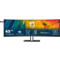 Curved Philips 6000 Series 45" USB-C monitor with dual stand, ultra-wide screen, and vibrant display graphics.