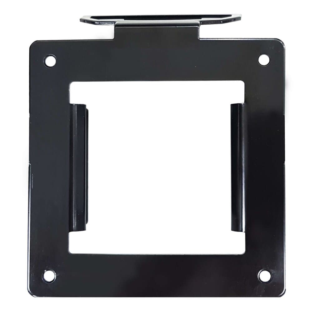 Black metal mounting bracket with a square frame, featuring two vertical clips and multiple screw holes for secure installation.