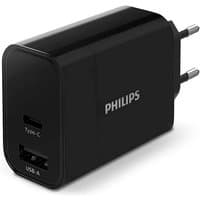 Black Philips mobile charger with USB-C and USB-A ports, European plug, rectangular design.