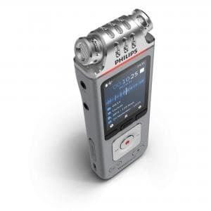 Philips VoiceTracer audio recorder in silver and black, featuring a digital display, red record button, and a unique microphone design with multiple vents on top.