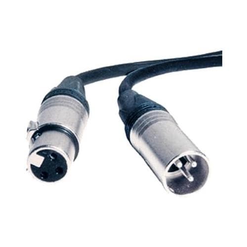 Black audio cable with two silver XLR connectors, featuring a three-pin male connector on one end and a three-pin female connector on the other, designed for balanced audio connections.