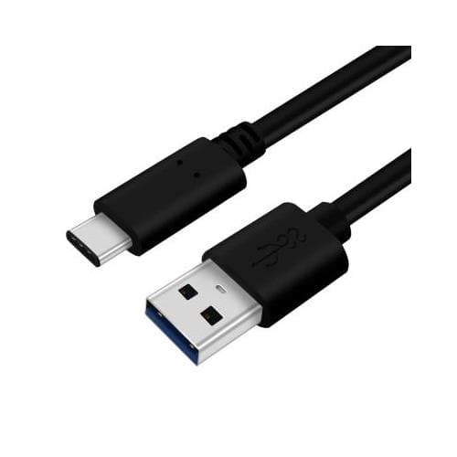 Black USB cable featuring a USB Type-A connector on one end and a USB Type-C connector on the other, designed for fast data transfer and charging.