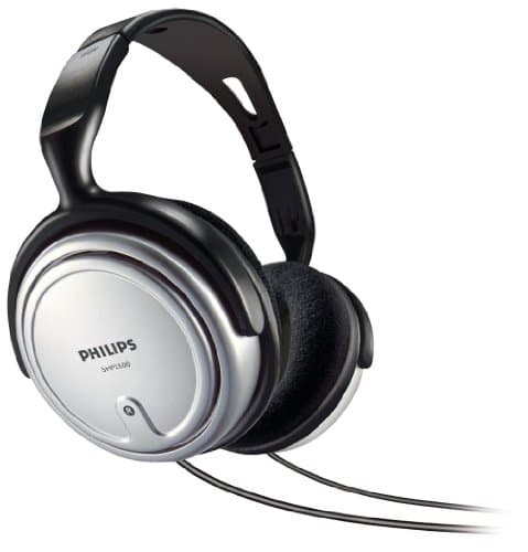 Black and silver Philips over-ear stereo TV headphones featuring plush ear cushions, a padded headband, and a sleek design with dual audio cables.