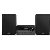 Black Philips home audio micro system with two speakers, silver control panel, and digital display.