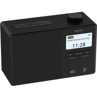 Black Philips digital radio clock with LCD display, control buttons, and a large volume knob on top.
