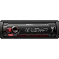 Black Pioneer MVH-S420DAB car media receiver with digital display, red buttons, and Bluetooth connectivity.