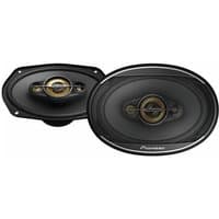 Black oval Pioneer speaker with gold accents and dual cone design.