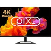 piXL 32" 4K Ultra HD widescreen monitor with thin bezel, vibrant color display, and sleek black stand.