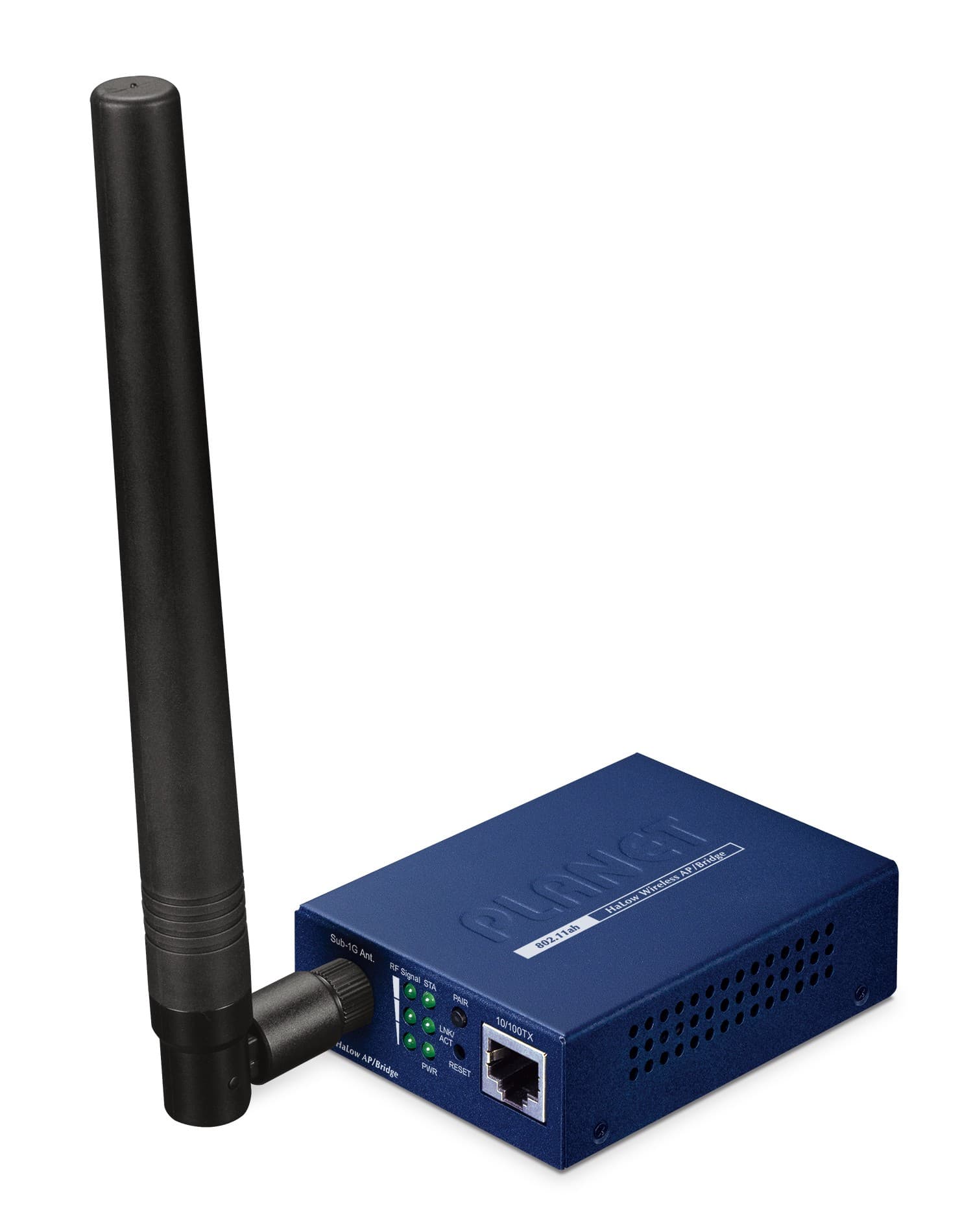 Blue metal network bridge with a black antenna, featuring LED indicators and an Ethernet port, designed for 802.11ah Halow Wi-Fi connectivity.