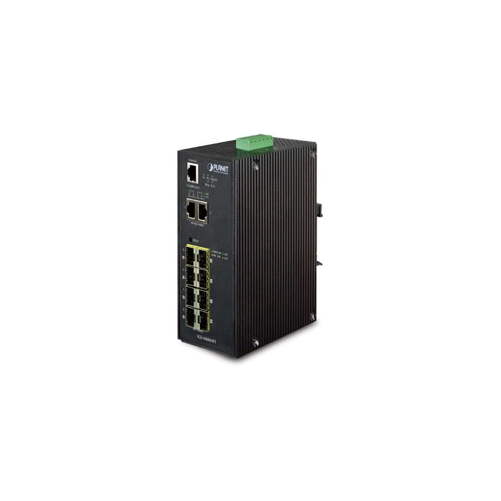 Black metal managed switch with six RJ45 ports, featuring a green terminal block and LED indicators for power and connectivity, designed for Power Over Ethernet applications.