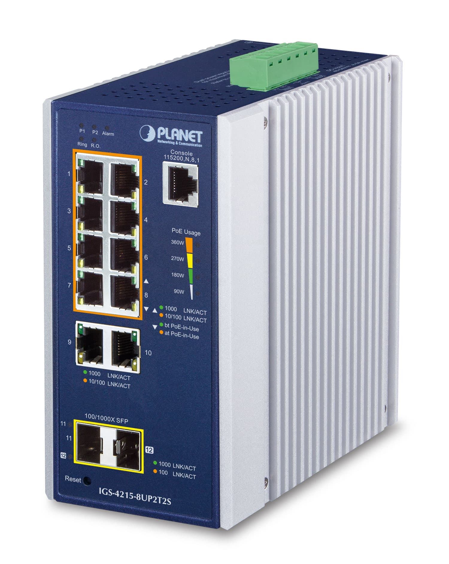 Managed switch with a gray and blue metal casing, featuring 8 RJ45 ports for Power Over Ethernet, LED indicators, and a green terminal block for power connection.