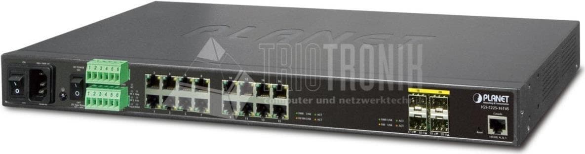 Managed L2+ Gigabit Ethernet network switch in a sleek black metal casing, featuring 16 Ethernet ports and 4 SFP slots for fiber connections, with power and terminal block connectors.