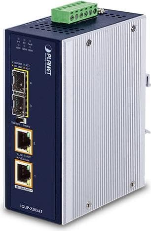 PLANET IGUP-2205AT Network Media Converter in a metallic silver and blue casing, featuring two Ethernet ports, LED indicators, and a green terminal block for connections.