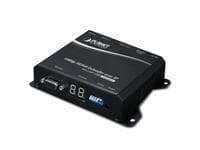 Black AV transmitter with a compact design, featuring multiple ports including a VGA and USB, and LED indicators for status.