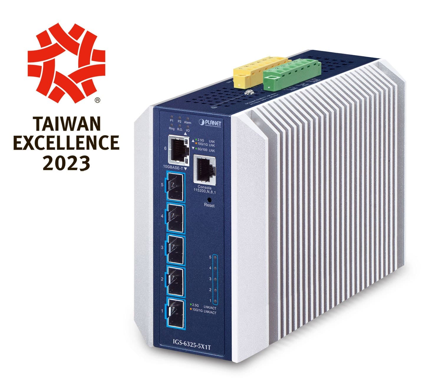PLANET Industrial Layer 3 5-Port Managed L3 10G Ethernet switch with a rugged silver and blue metal casing, featuring five Ethernet ports, LED indicators, and a reset button.