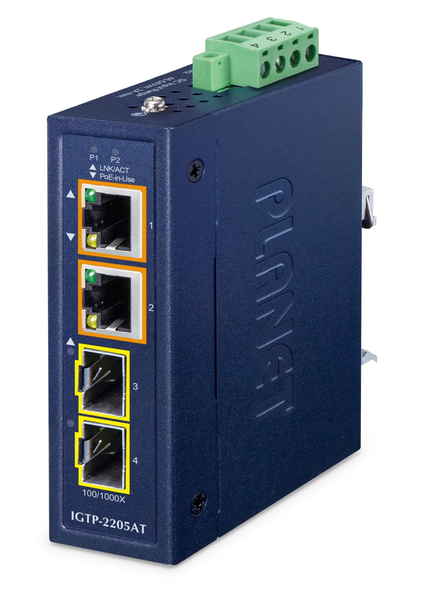 Compact blue metal network media converter with two Ethernet ports, labeled P1 and P2, and a green terminal block for power input, featuring LED indicators for connectivity.