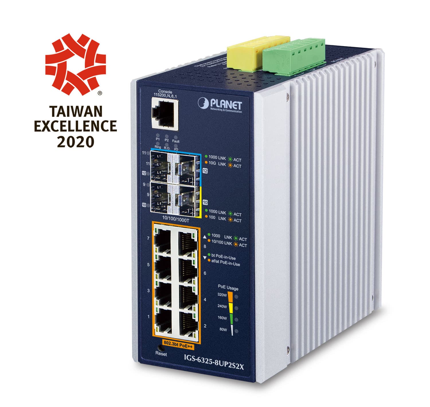 PLANET IP30 DIN-rail switch in gray metal housing with multiple Ethernet ports, featuring LED indicators and a green terminal block, awarded Taiwan Excellence 2020.