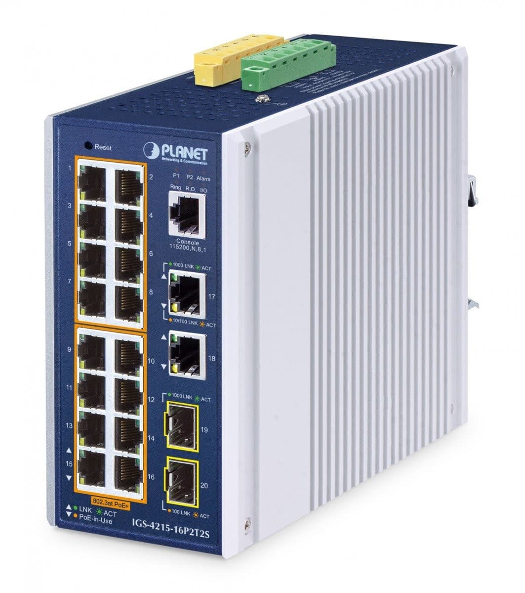 Managed switch with 16 RJ45 ports, featuring a blue and silver metal casing, LED indicators, and terminal block for power input, designed for Power Over Ethernet applications.