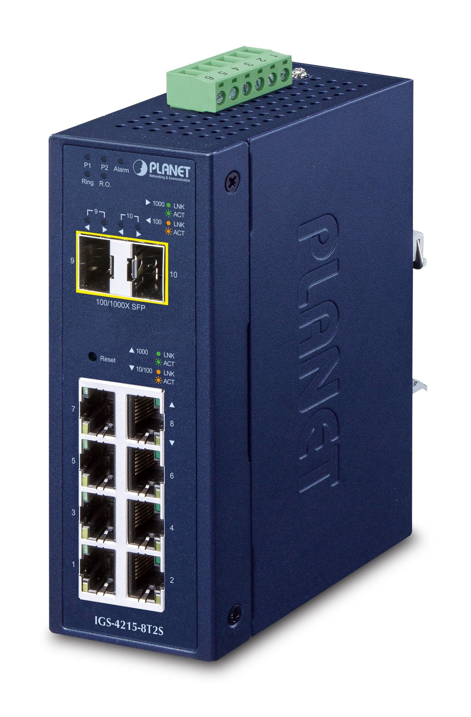 PLANET IP30 Industrial L2/L4 switch in dark blue metal housing features 8 Gigabit Ethernet ports, LED indicators, and a green terminal block for power connectivity.