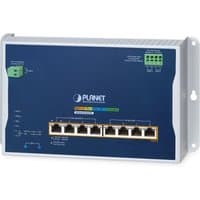 Blue PLANET IP30 Industrial L3 switch with 4-port 2.5G PoE+, green terminal blocks, and LED indicators.