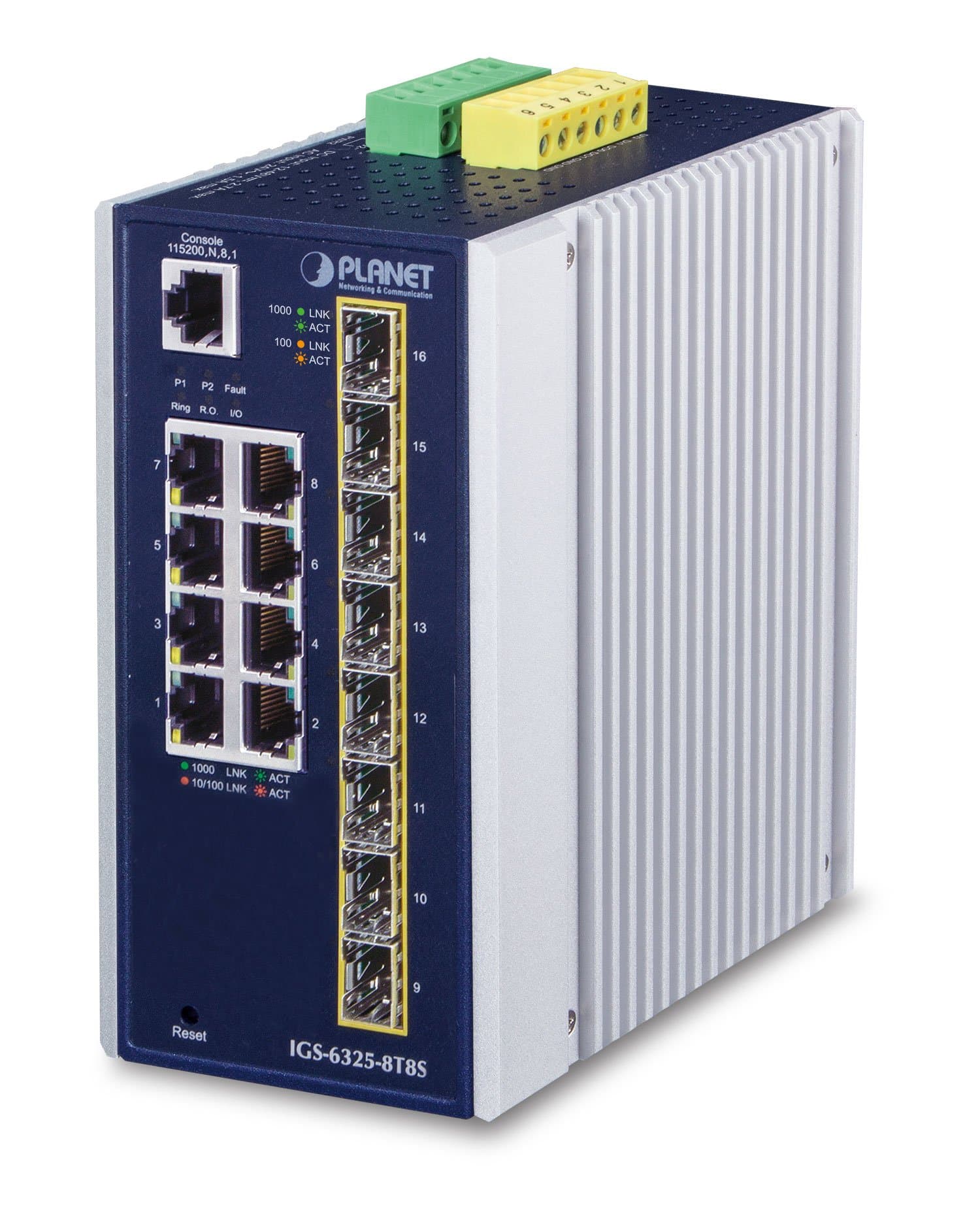 PLANET IP30 Industrial L3 8-Port Managed Gigabit Ethernet switch in a silver and blue metal casing with eight Ethernet ports, LED indicators, and terminal block connectors on top.