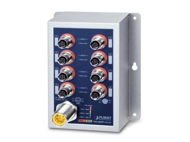 Unmanaged PoE switch with eight M12 ports, featuring a metallic silver housing, blue and red labeling, and LED indicators for power and connection status.