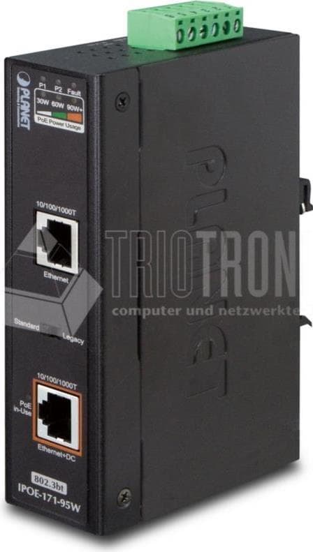 Black metal network switch with two Ethernet ports, labeled 10/100/1000, and a green terminal block for power input; features LED indicators for power and status.
