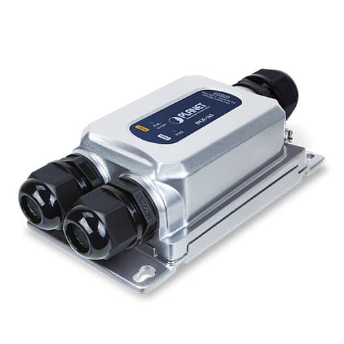Silver metal PoE adapter with a compact design, featuring two black Ethernet ports, a blue label on top, and a mounting plate for easy installation.
