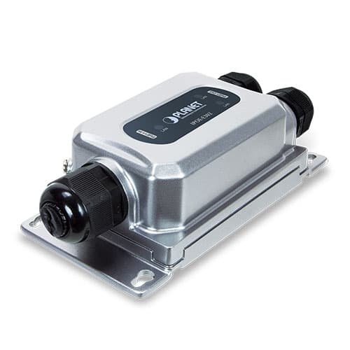 Black and grey PLANET IPOE-E302 Network Extender with a metallic body, featuring two cable ports and LED indicators on the top surface, designed for outdoor network transmission.