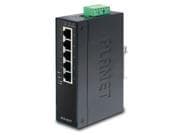 Black metal unmanaged Ethernet switch with five ports, labeled "PLANET," featuring a green terminal block for power input and LED indicators for network status.