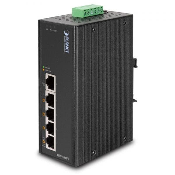 Black metal network switch with four Ethernet ports, green terminal block for power, and LED indicators for power and network status, labeled "PLANET ISW-504PT".