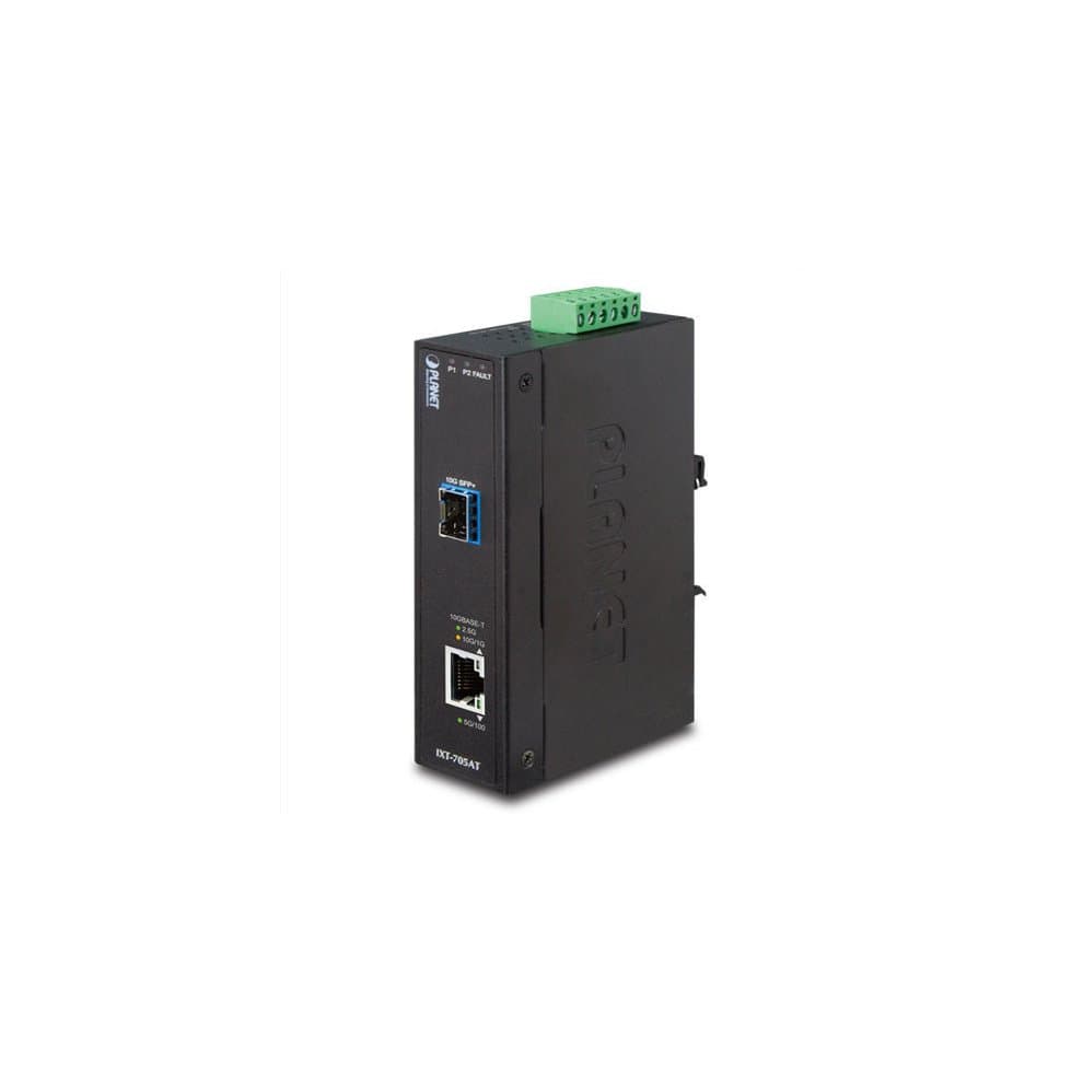 Black metal network media converter with a blue port and a green terminal block, featuring Ethernet and SFP slots, capable of 20000 Mbit/s data transfer.