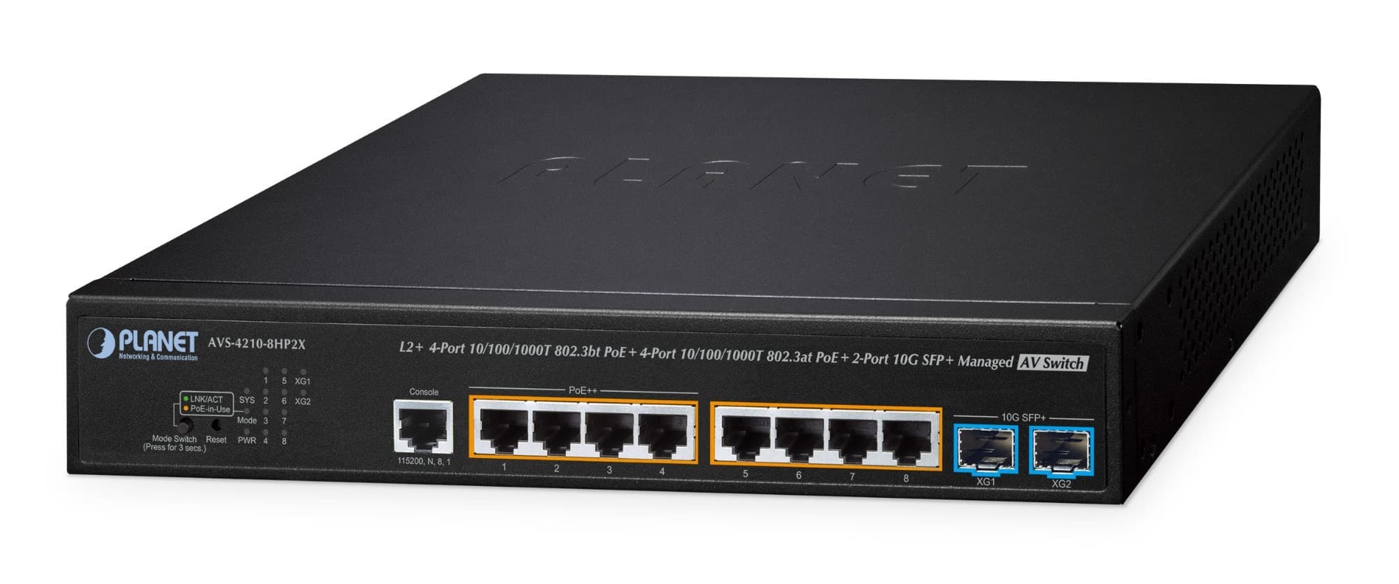 Black metal network switch featuring 4 PoE ports and 4 standard Ethernet ports, with LED indicators and a sleek, compact design for efficient data management.