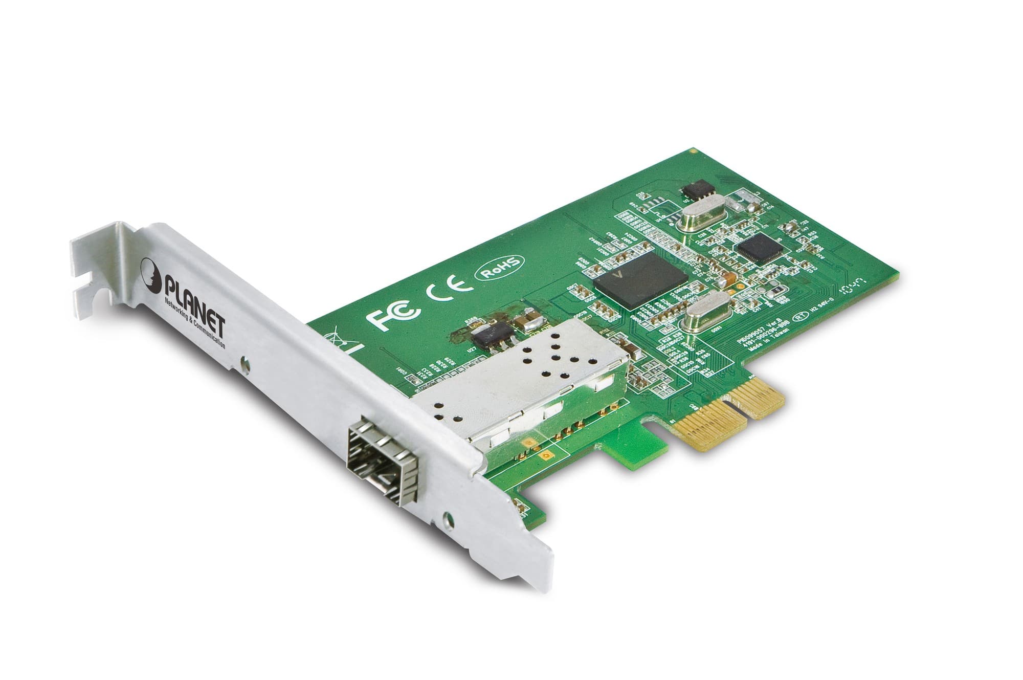 Green circuit board with silver low profile bracket, featuring ports for fiber connections, labeled "PLANET" and "1000 Mbit/s," showcasing various electronic components.