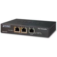 Black PLANET POE-E202 network extender with three Ethernet ports and LED indicators on the front panel.