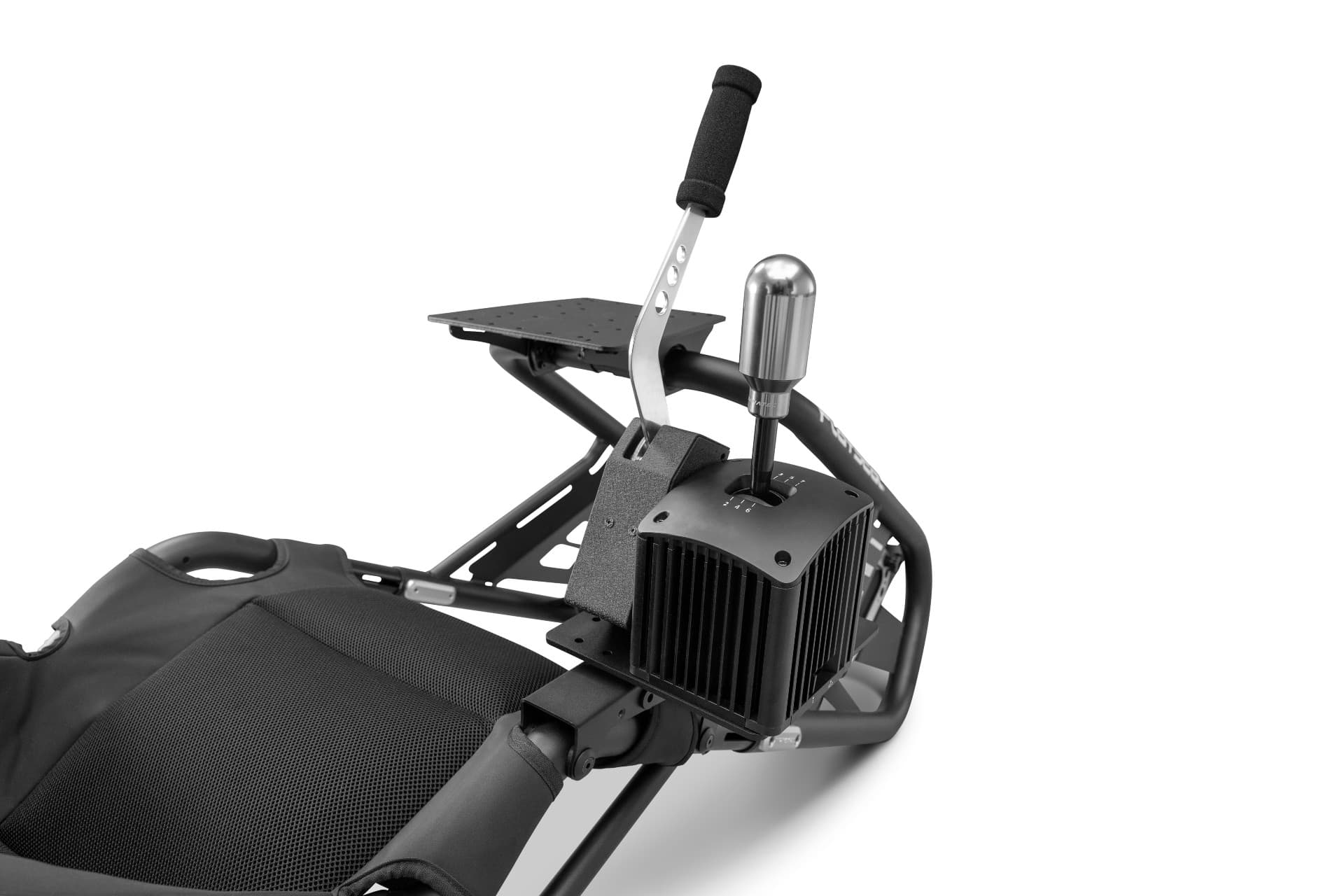 Black gaming chair accessory featuring a sturdy metal frame, a gear shifter, and a textured seat for enhanced grip and comfort.