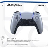 Sterling silver PlayStation DualSense wireless controller with black grips and blue accents in branded packaging.