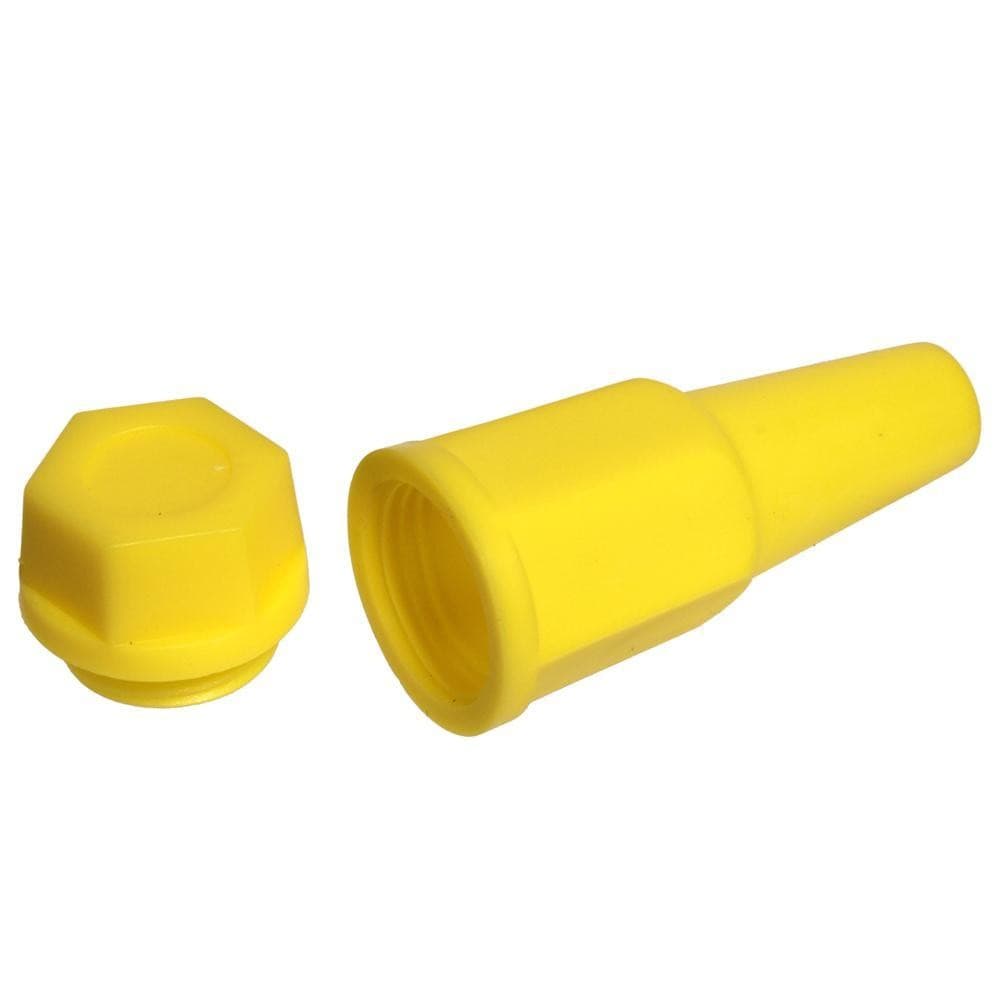 Bright yellow plastic spark plug holder with a tapered end and a hexagonal cap, designed for universal compatibility and secure storage.