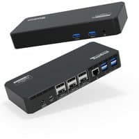 Black Plugable 12-in-1 USB C docking station with multiple USB ports, Ethernet, and HDMI connections.