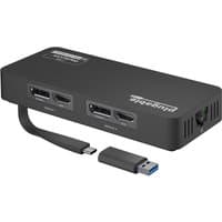Black Plugable dual monitor adapter with HDMI, DisplayPort, USB-C, and USB-A connectors, compact rectangular design.