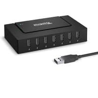 Black Plugable 7 Port USB Hub with six front USB ports, one side port, and attached USB cable.