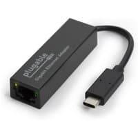 Black Plugable USB C to Ethernet Adapter with short cable and LED indicator lights