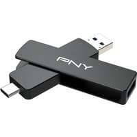 Black PNY DUO LINK V3 USB flash drive with dual USB Type-A and Type-C connectors, 2 TB capacity, sleek design.