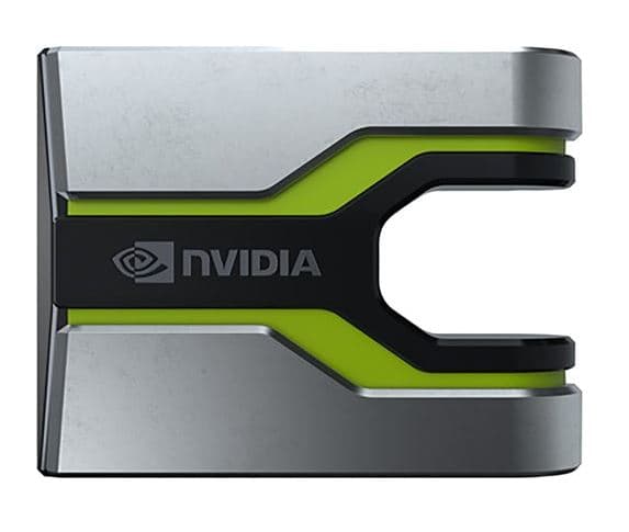 A sleek, metallic NVLink connector with a black and green design, featuring the NVIDIA logo, designed for PNY Quadro A30/A40/RTX A4500/A5000 graphics cards.