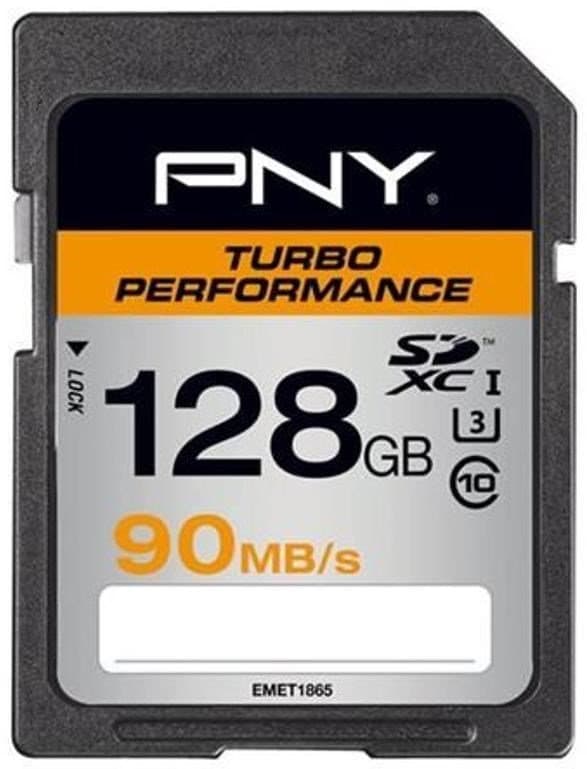 Black SD card with orange and white label, featuring "PNY Turbo Performance," "128 GB," and "90MB/s" text, designed for high-speed data transfer.