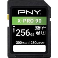 PNY X-PRO 90 SDXC card, black with green label, 256 GB, UHS-II, Class 10, 300 MB/s read, 280 MB/s write.